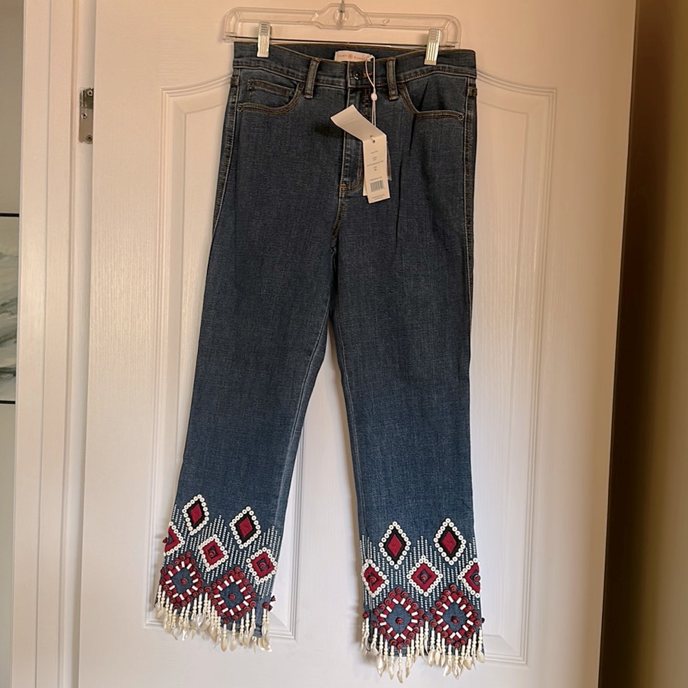 Tory Burch Blue High Rise Jeans with Red Embroidery